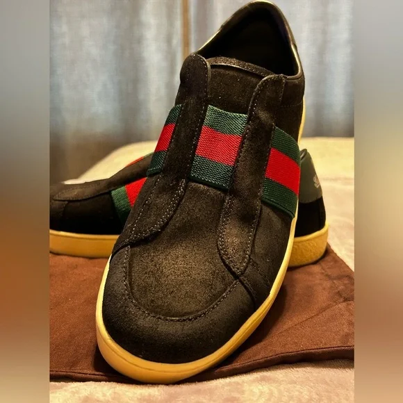 Gucci Black Suede Web Stripe Slip-On Sneakers Size 7.5 - Picture 2 of 15
